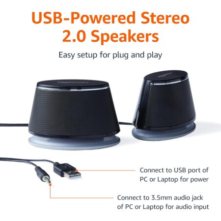 Amazon Basics USB-Powered Stereo 2.0 Speakers for PC/Laptop, 3.5mm Aux Input, Black