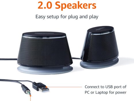 Amazon Basics USB-Powered Stereo 2.0 Speakers for PC/Laptop, 3.5mm Aux Input, Black – 1 Pair