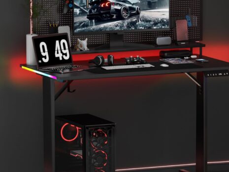 GTRACING 55″ LED Gaming Desk with Mouse Pad, Carbon Fibre Top & Headphones Hook