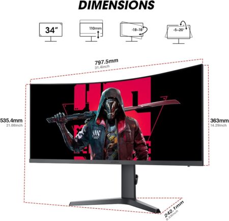 KOORUI 34E6UC 34" Curved Ultrawide WQHD Gaming Monitor 165Hz, 1000R, 1ms MPRT, PIP/PBP