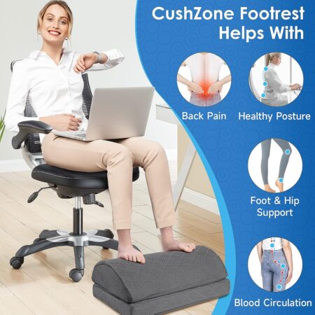 The CushZone Foot Rest boosts posture, comfort, and circulation with adjustable height and durable ergonomic support for home, office, and travel
