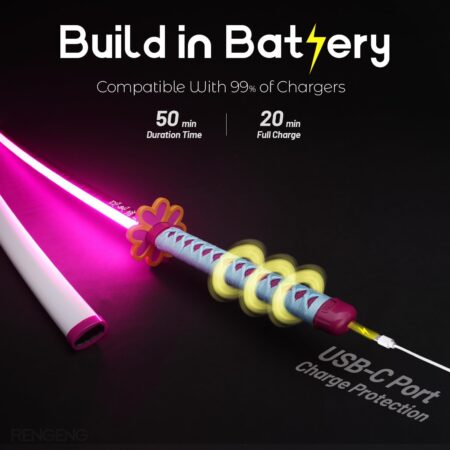 Light-up sword inspired by Mitsuri Kanroji from Demon Slayer. A 40-inch rechargeable replica with stand, belt, and spinner - perfect for cosplay and display.