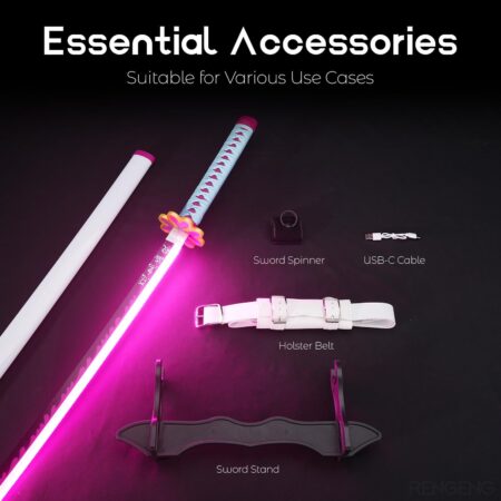 Light-up sword inspired by Mitsuri Kanroji from Demon Slayer. A 40-inch rechargeable replica with stand, belt, and spinner - perfect for cosplay and display.