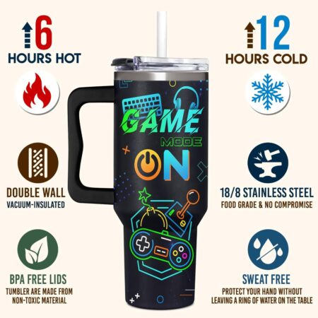 40oz Gamer Tumbler With Handle & Straw - Gift for Men and Teen Gamers