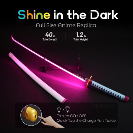 Light-up sword inspired by Mitsuri Kanroji from Demon Slayer. A 40-inch rechargeable replica with stand, belt, and spinner - perfect for cosplay and display.