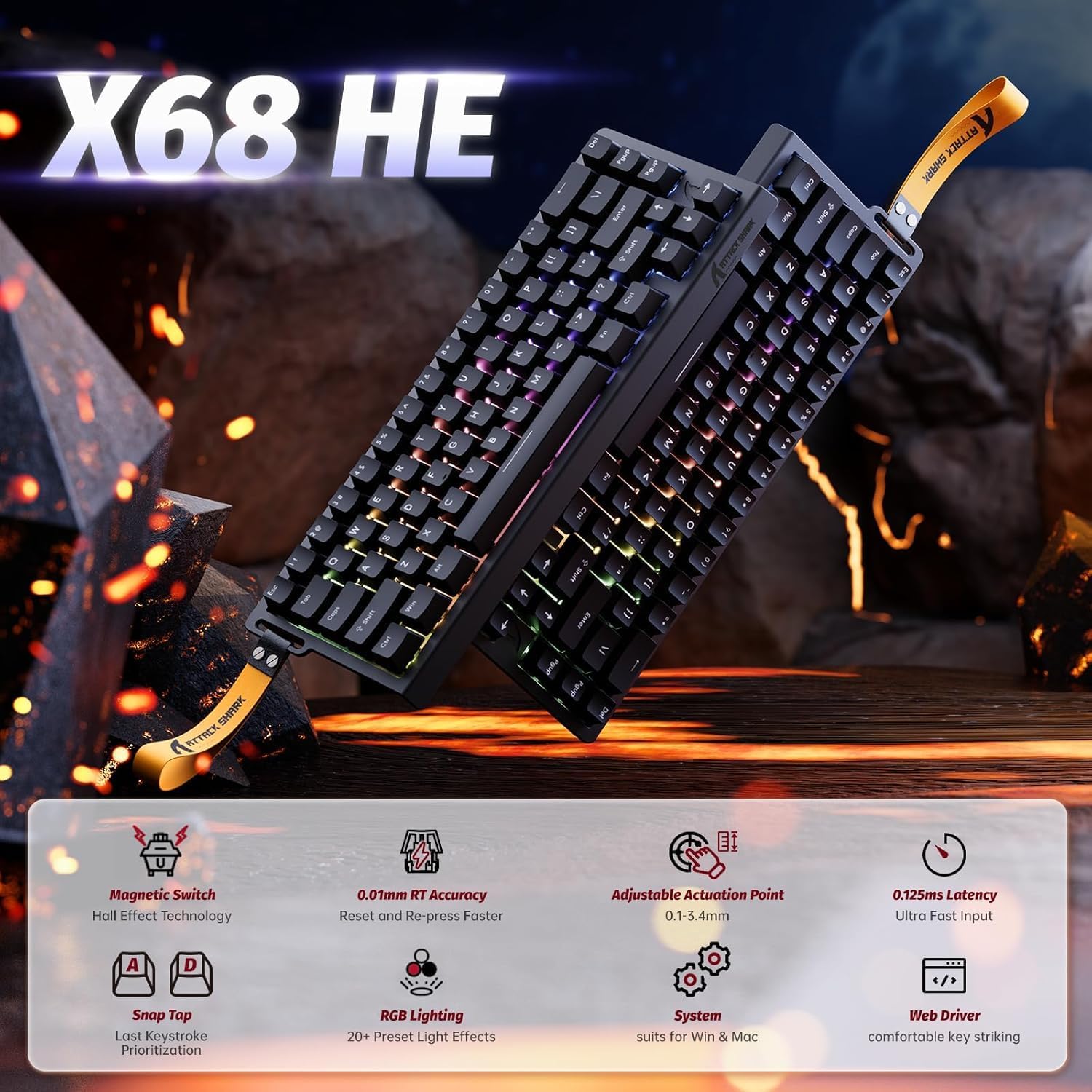 ATTACK SHARK X68 HE Rapid Trigger Mechanical Gaming Keyboard 60% Wired TKL 
