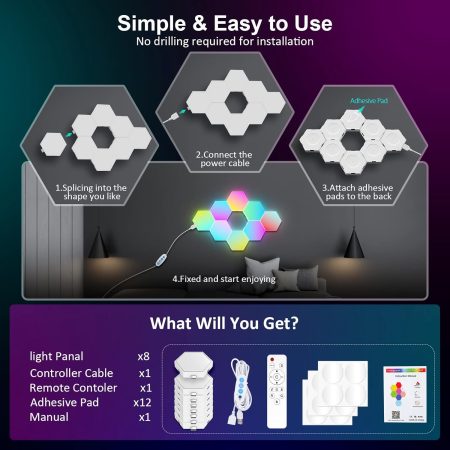 8 Pack RGB Hexagon LED Wall Lights - Unique Room Decor & Perfect Gift Idea