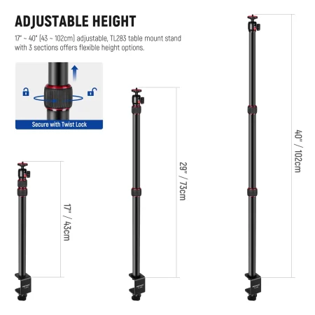NEEWER Table-Mounted Camera / Light Stand (TL283) with Phone Holder, Telescopic C Clamp (17"-40"/43-102cm)